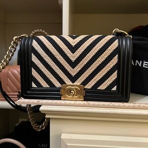 Chanel Black and Cream Chevron Boy bag